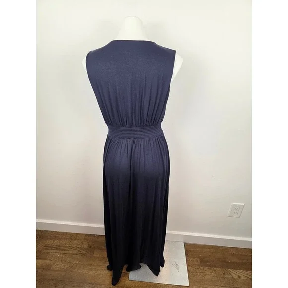 Boden Paloma Jersey Maxi Dress Navy Blue V Neck Smocked Waist Sleeveless Size 8L - Picture 2 of 7